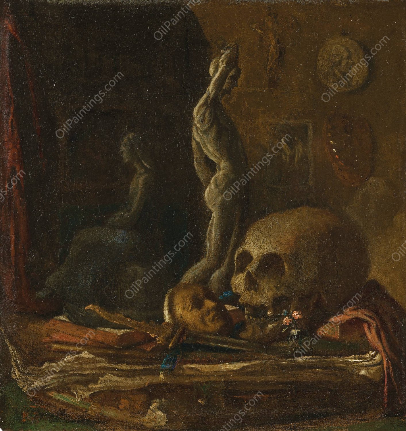 A skull, mask, sword, statuette and book on a table in an artist's studio oil on copper  by French School - Hand-Painted Oil Painting Reproduction