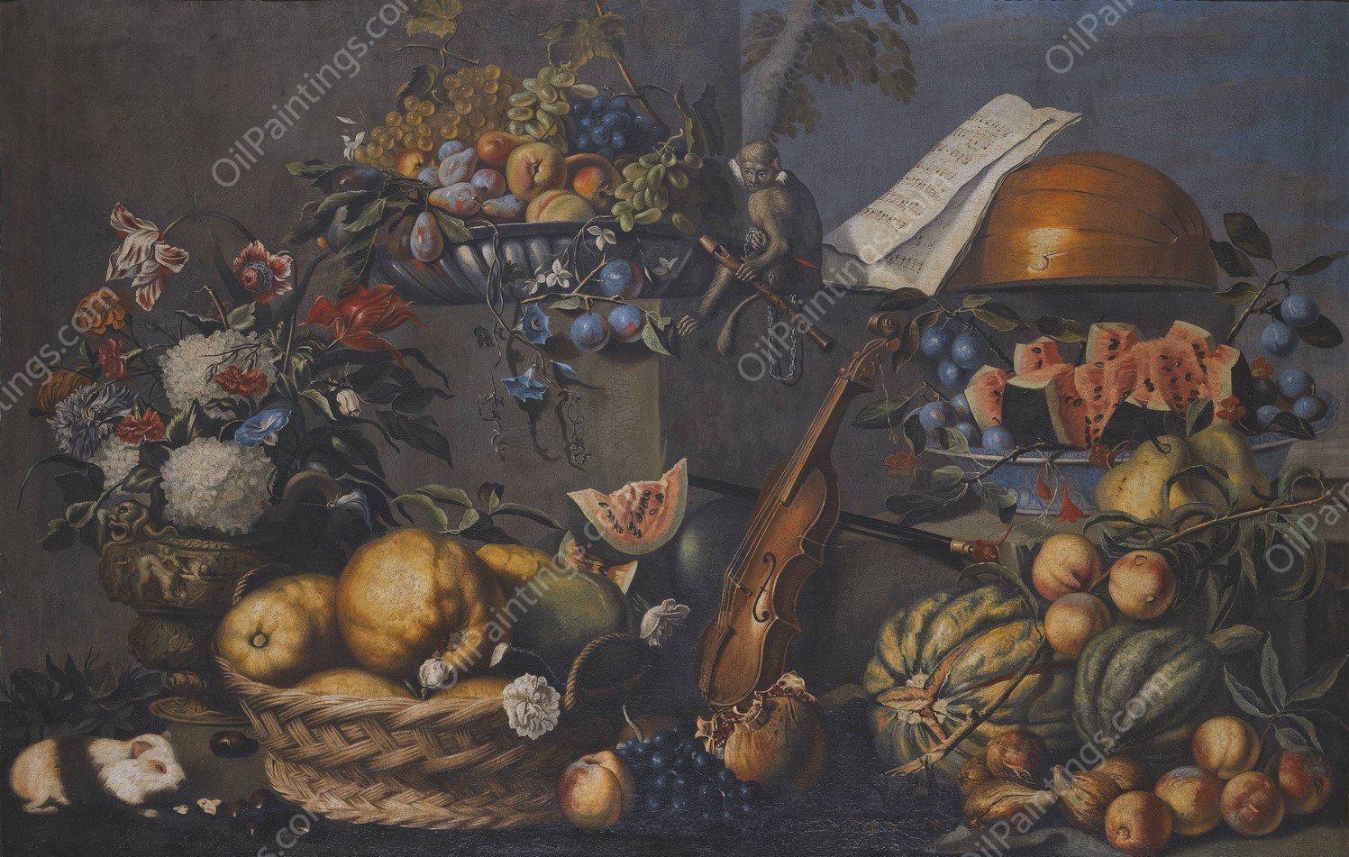 A Still Life With Various Fruits In A Basket And On A Ledge, Flowers In A Vase, Musical Instruments And A Monkey With A Flute  by French School - Hand-Painted Oil Painting Reproduction