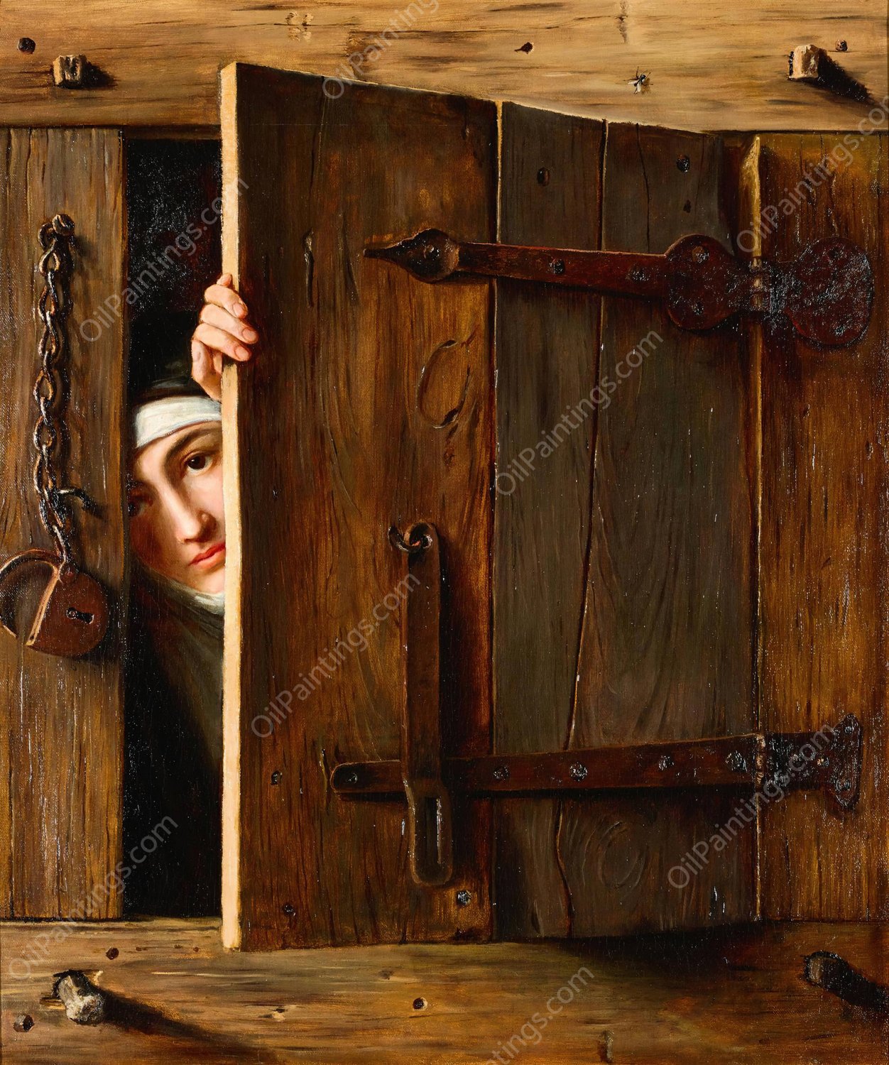 A Trompe L'Oil With A Young Nun Peeking Out Through A Shutter  by French School - Hand-Painted Oil Painting Reproduction