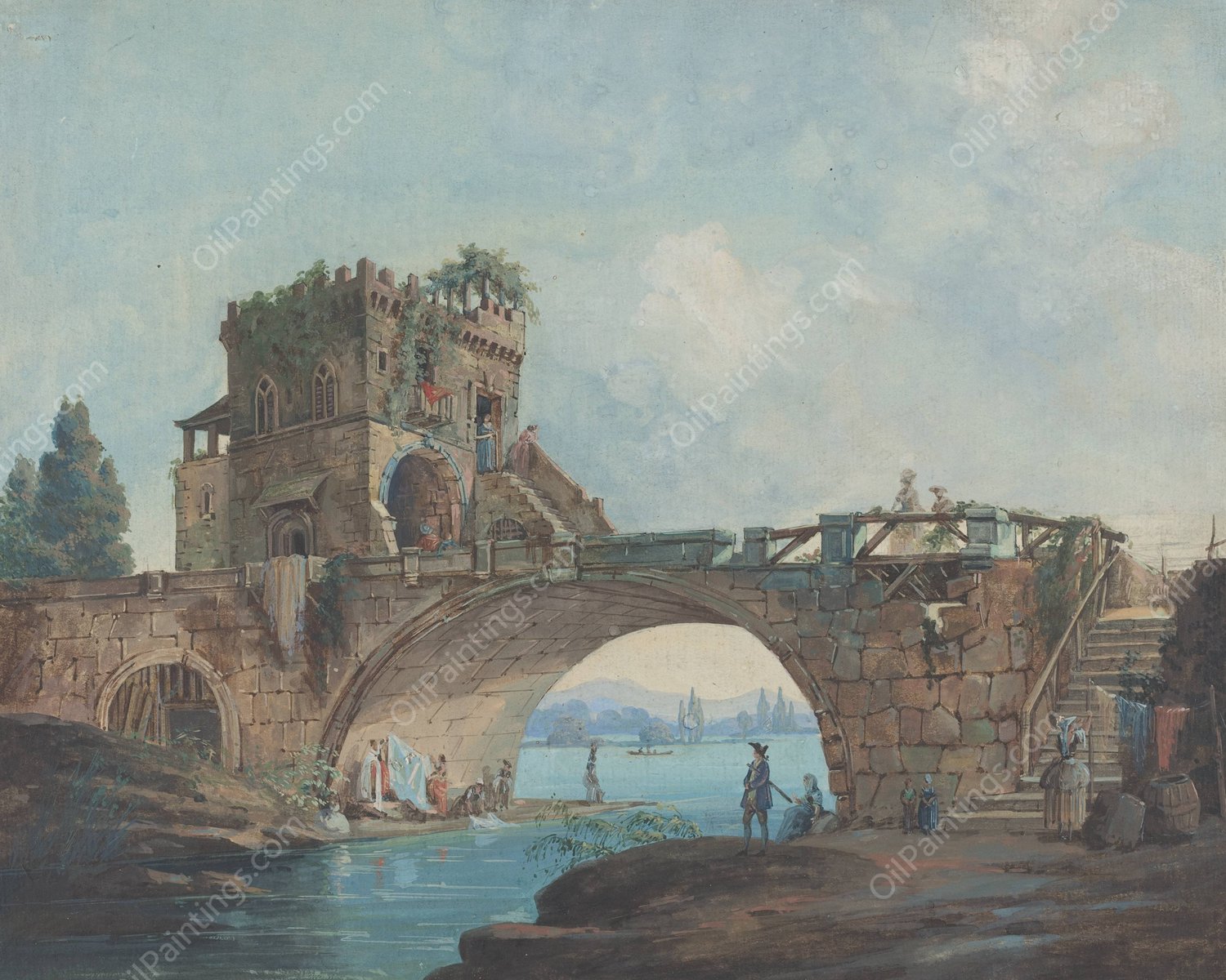 The Ponte Salario with Laundresses  by French School - Hand-Painted Oil Painting Reproduction