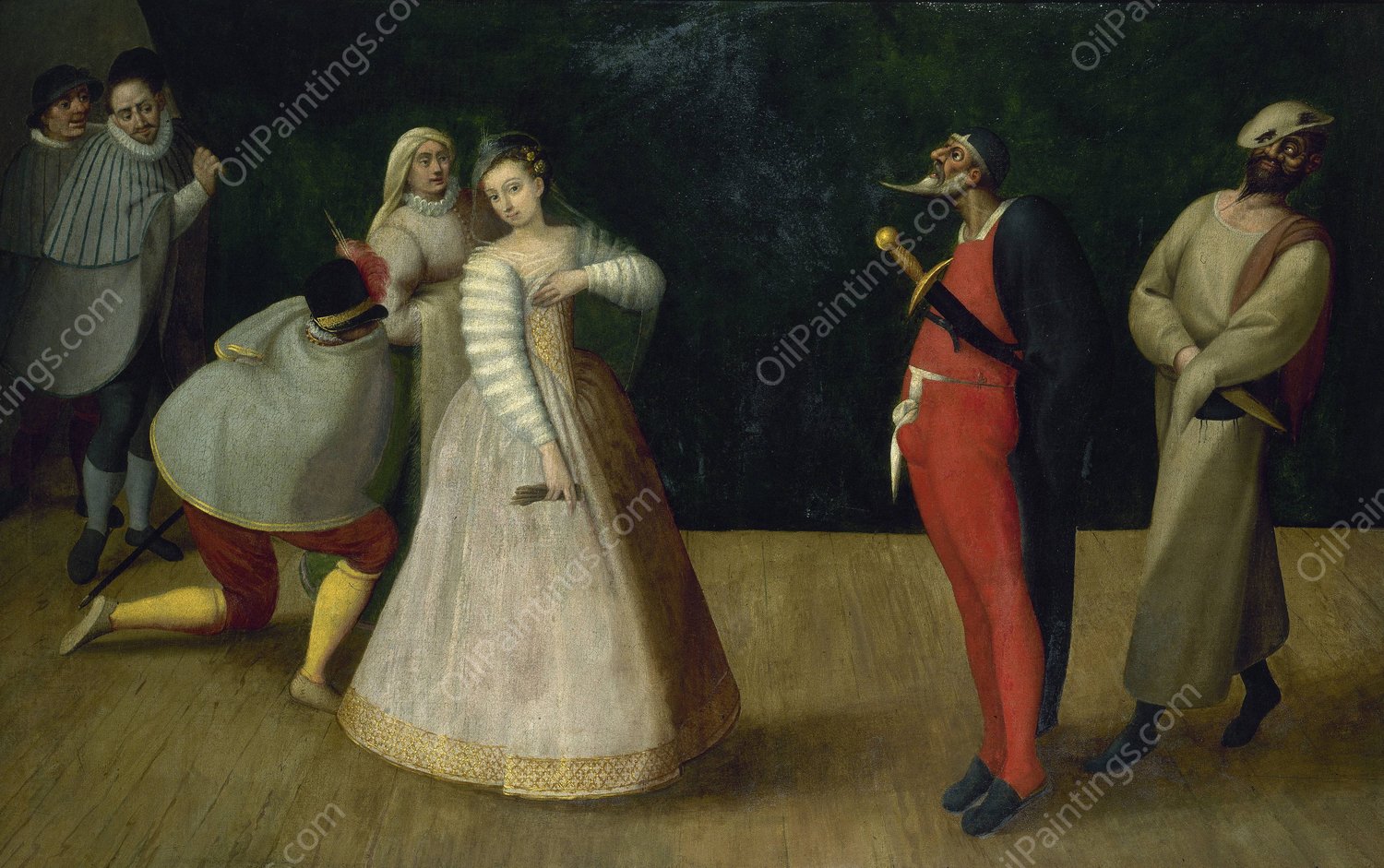 Troupe de comediens italiens  by French School - Hand-Painted Oil Painting Reproduction
