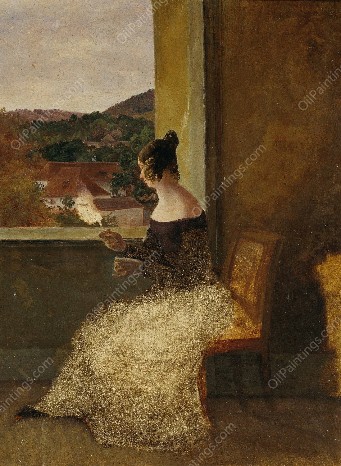 Dame am Fenster mit Spinnrocken  by Friedrich Loos - Hand-Painted Oil Painting Reproduction