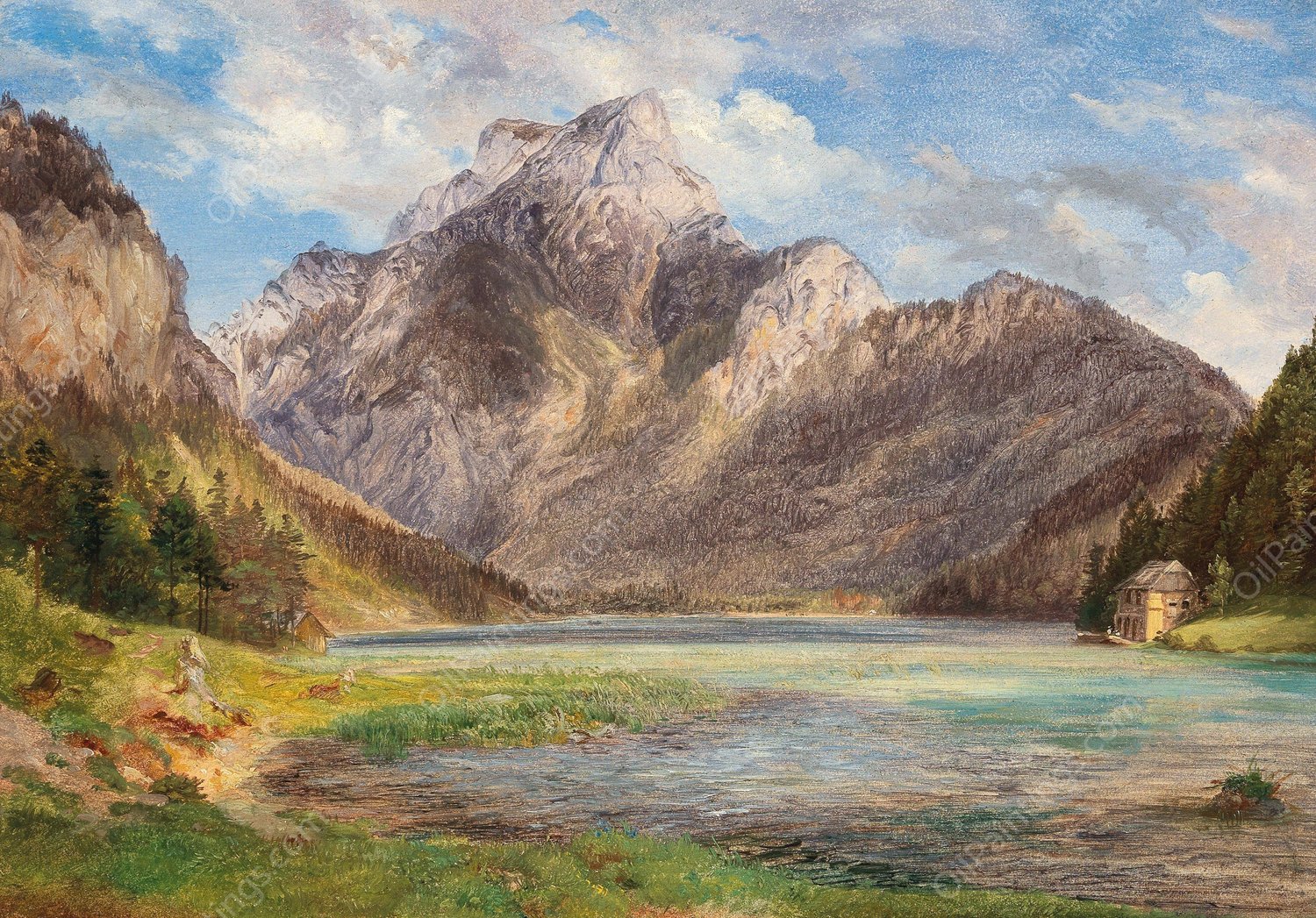 Mountain Lake by Friedrich Loos - Hand-Painted Oil Painting Reproduction