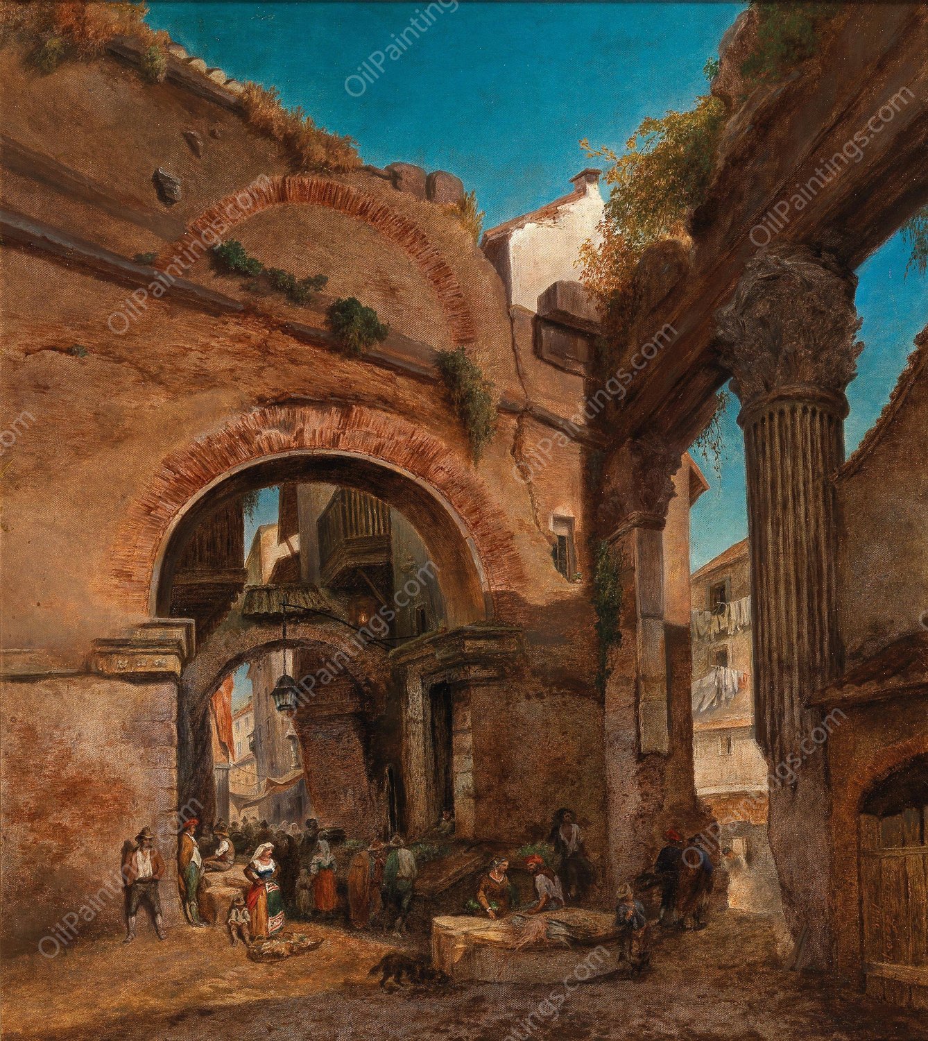 Rome, view at the Portico di Ottavia with the old fisher's market  by Friedrich Loos - Hand-Painted Oil Painting Reproduction