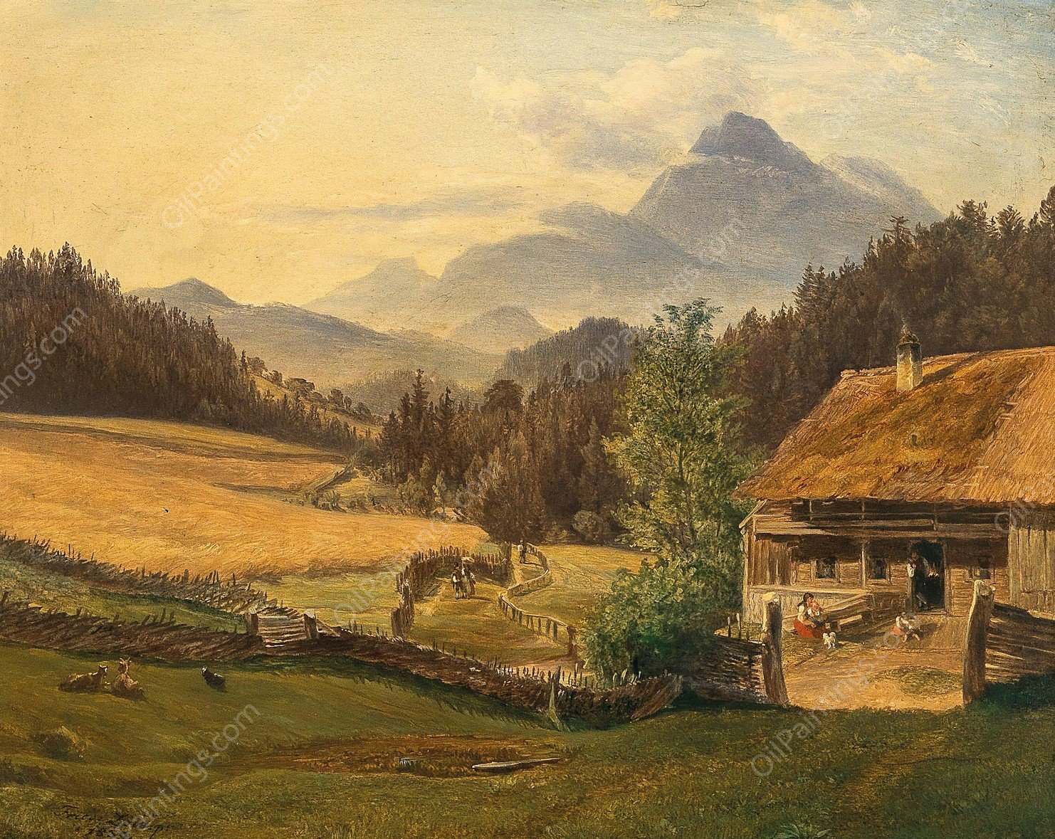 Summer landscape in the mountains  by Friedrich Loos - Hand-Painted Oil Painting Reproduction