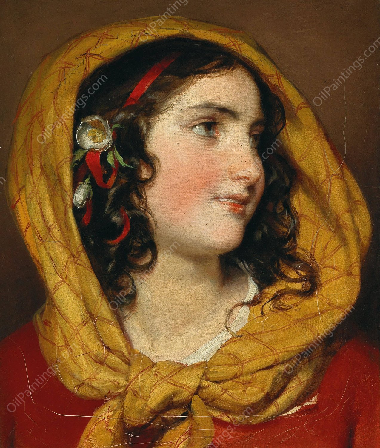 Portrait of a girl with a red hairband and a yellow headscarf by Friedrich Von Amerling - Hand-Painted Oil Painting Reproduction