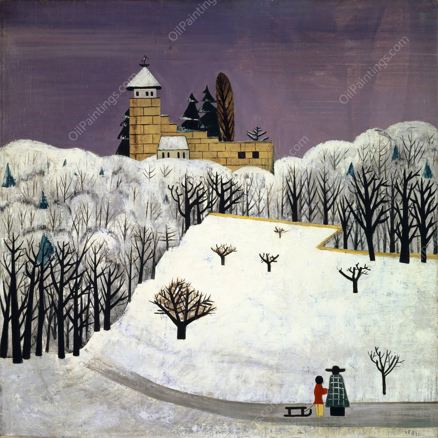 Birseck Castle In The Snow  by Fritz Baumann - Hand-Painted Oil Painting Reproduction