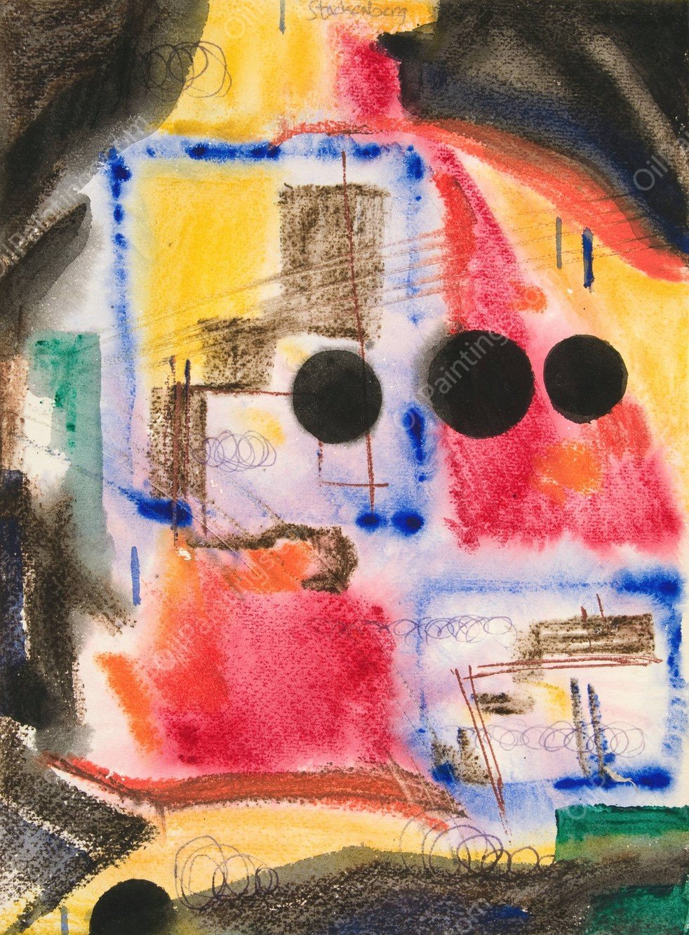 Abstraction; Three Black Circles  by Fritz Stuckenberg - Hand-Painted Oil Painting Reproduction