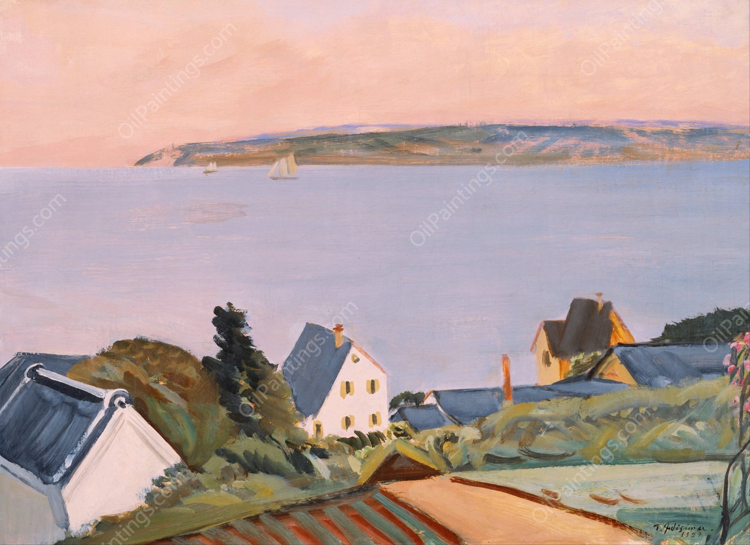 Distant View of Awajishima  by Fujishima Takeji - Hand-Painted Oil Painting Reproduction