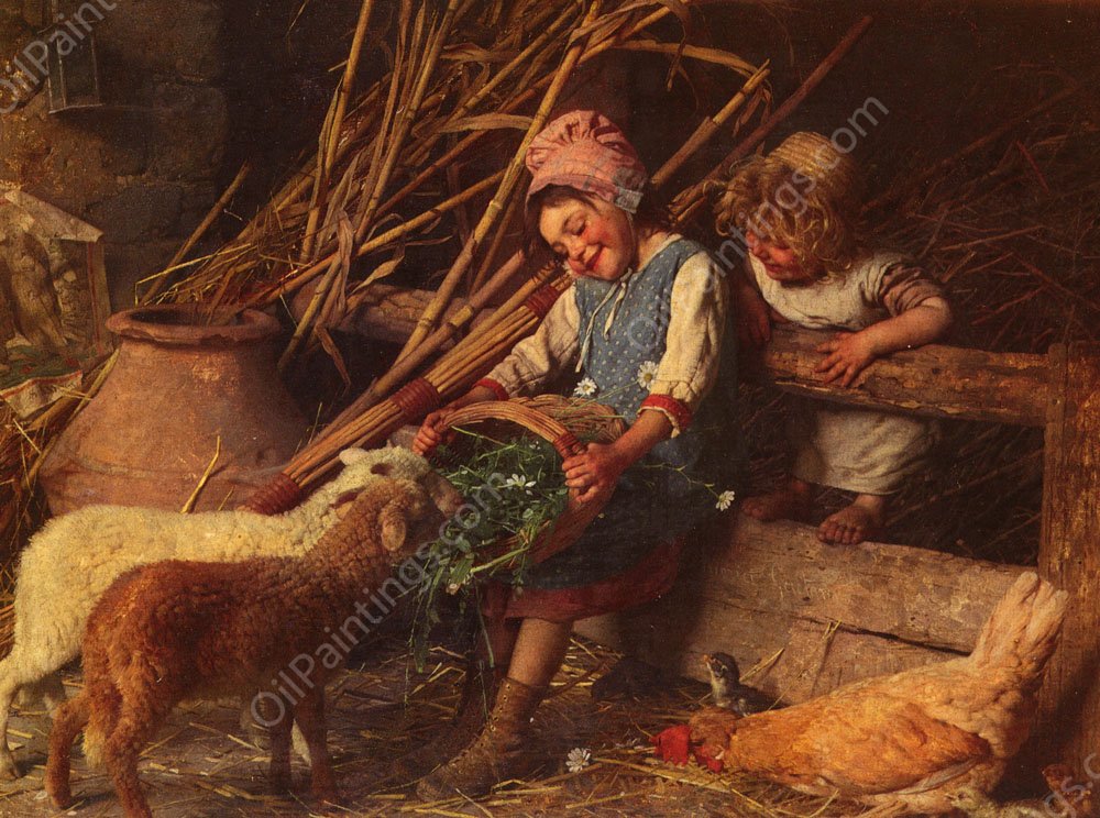 Feeding the Lambs by Gaetano Chierici - Hand-Painted Oil Painting Reproduction