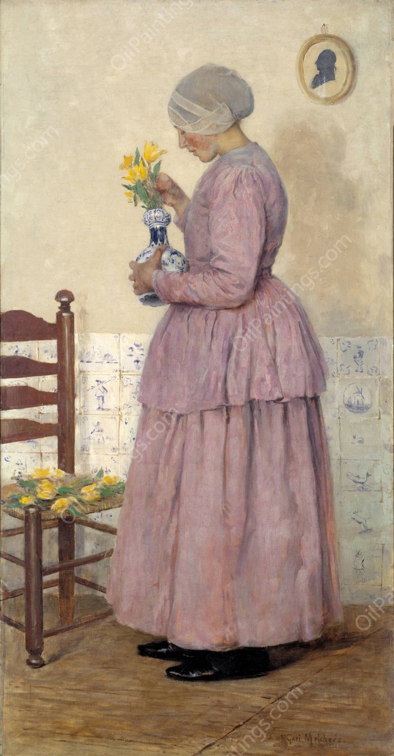 Arranging the Tulips  by Gari Melchers - Hand-Painted Oil Painting Reproduction