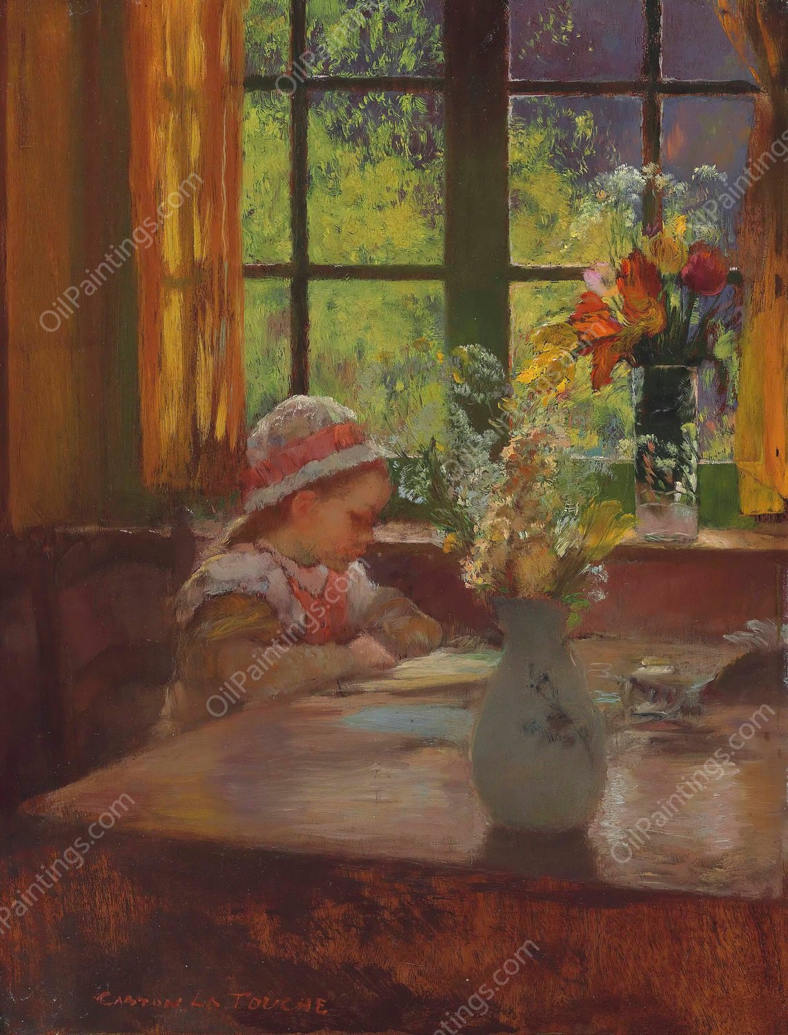 A young girl with bonnet reading by a window by Gaston La Touche - Hand-Painted Oil Painting Reproduction