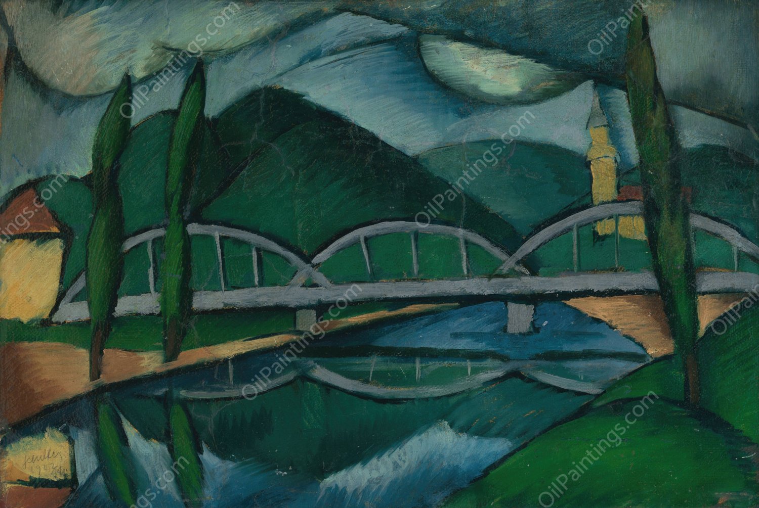 Krajina s mostom  by Gejza Schiller - Hand-Painted Oil Painting Reproduction