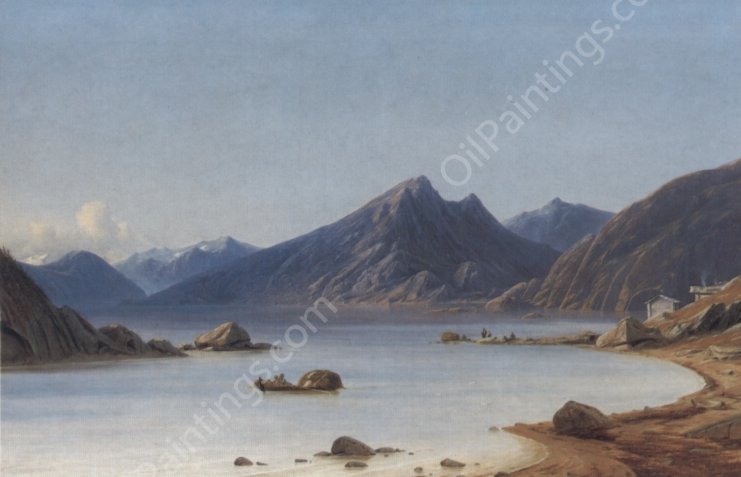 Fishing on a Fjord by Georg Emil Libert - Hand-Painted Oil Painting Reproduction