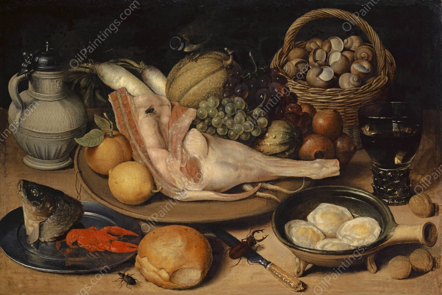 Still Life With Leg Of Veal, Insects And Titmouse  by Georg Flegel - Hand-Painted Oil Painting Reproduction