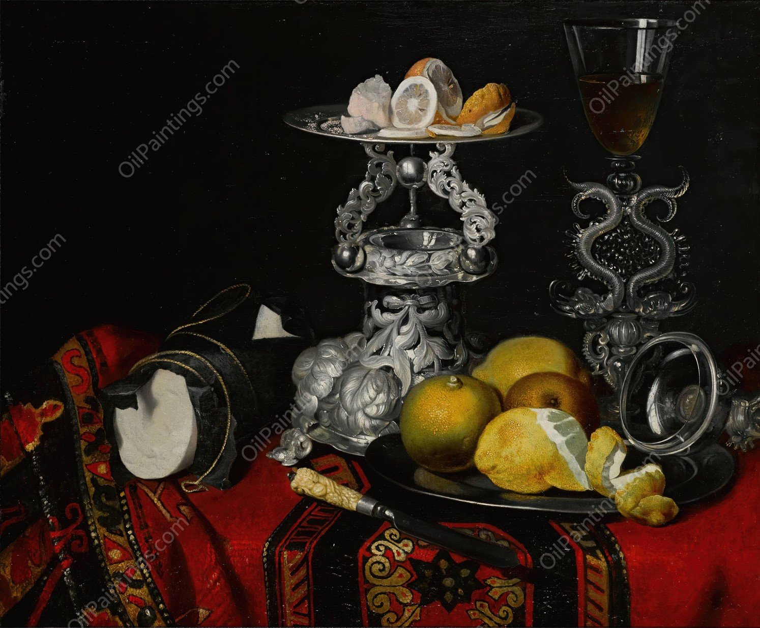 Still life with a facon-de-Venise serpent-stemmed wine glass, a silver vessel, a block of sugar and lemons on a pewter plate, all on a draped table by Georg Hinz - Hand-Painted Oil Painting Reproduction