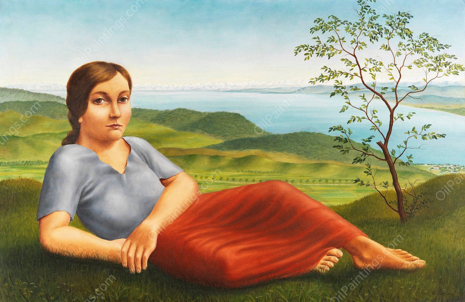 Madchen vor Seelandschaft  by Georg Schrimpf - Hand-Painted Oil Painting Reproduction