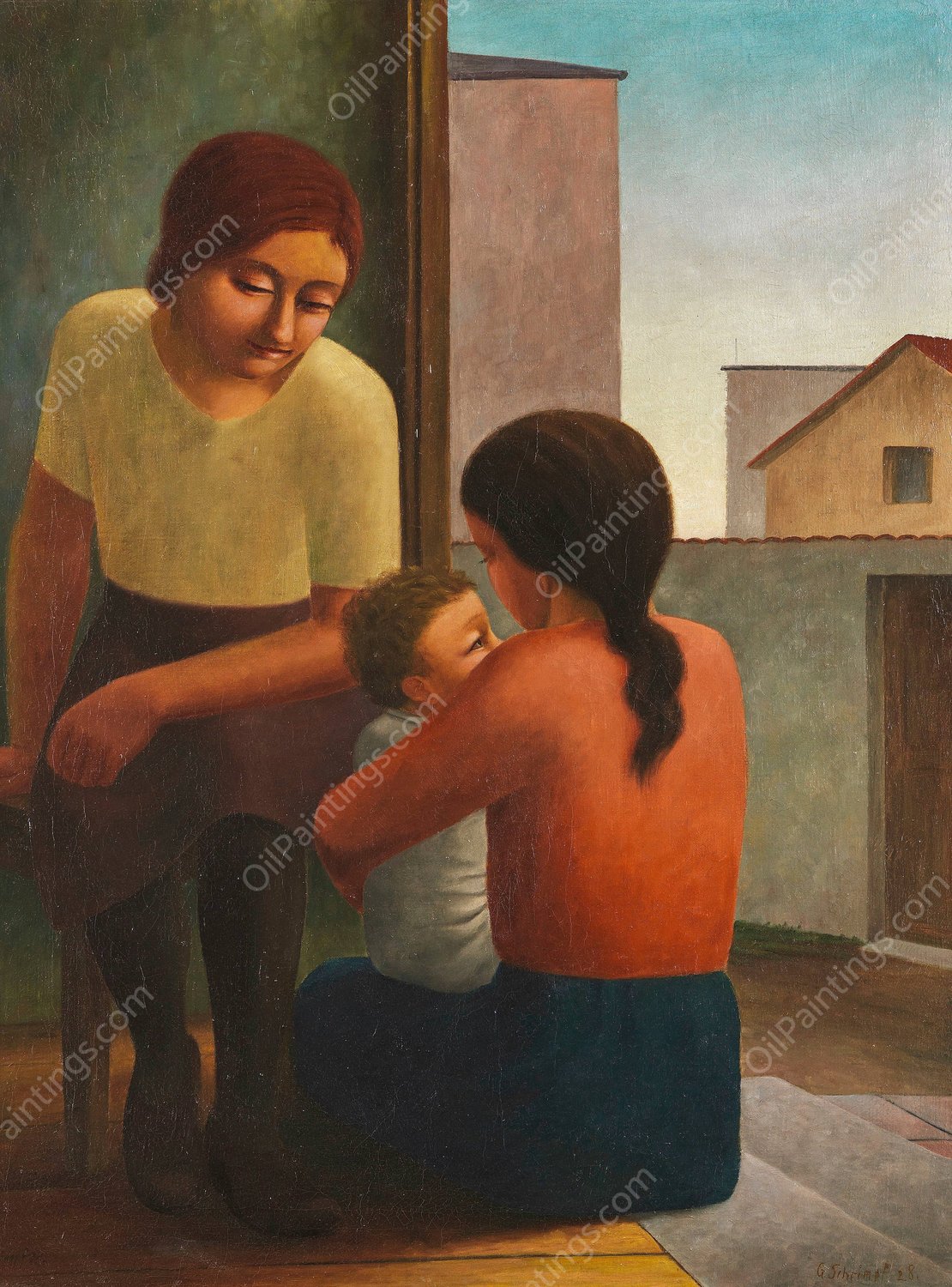 Zwei Frauen mit Kind  by Georg Schrimpf - Hand-Painted Oil Painting Reproduction
