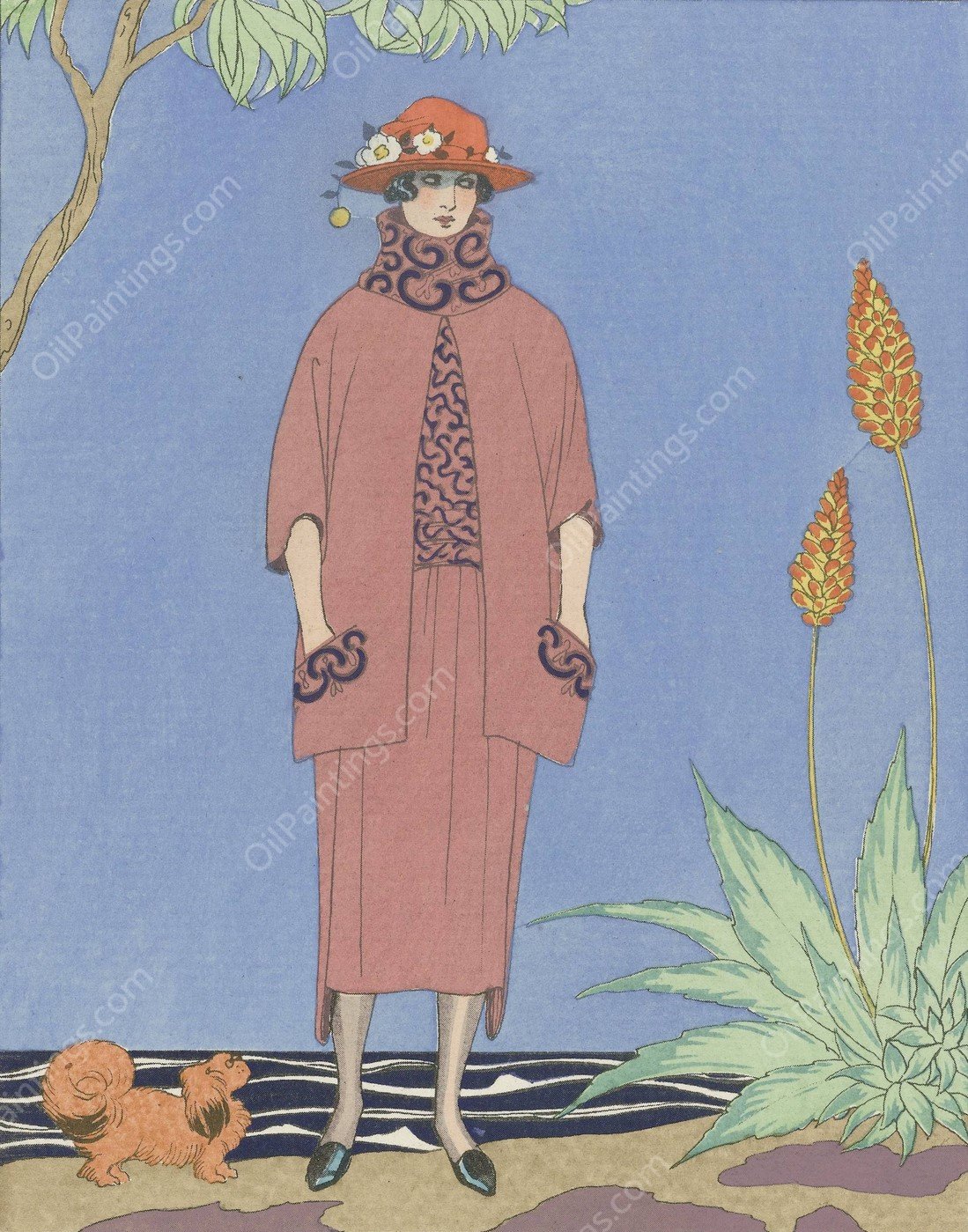 A palm beach; Tailleur, de Worth  by George Barbier - Hand-Painted Oil Painting Reproduction