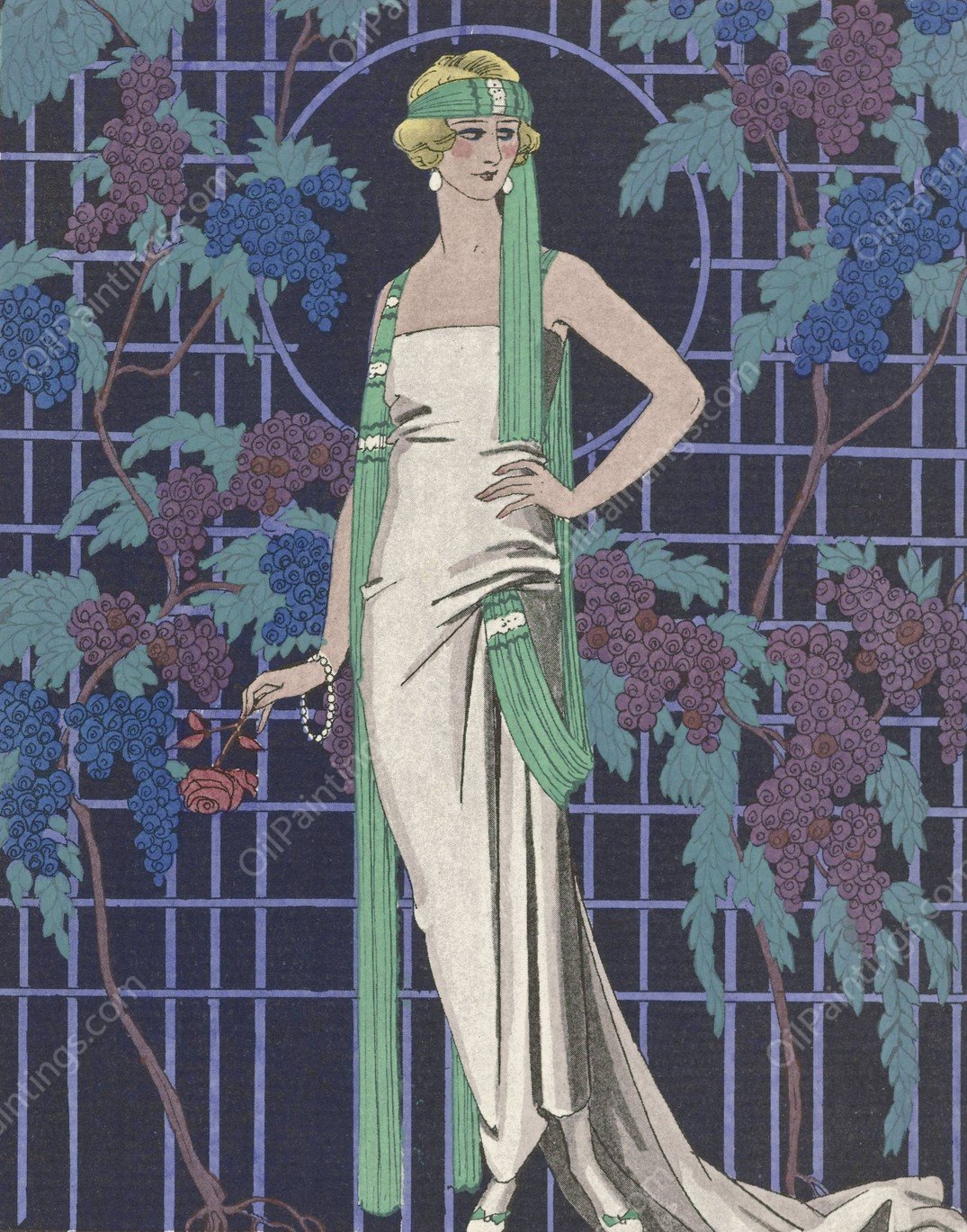 Des robes dans la nuit ; Robe du soir, de Worth  by George Barbier - Hand-Painted Oil Painting Reproduction