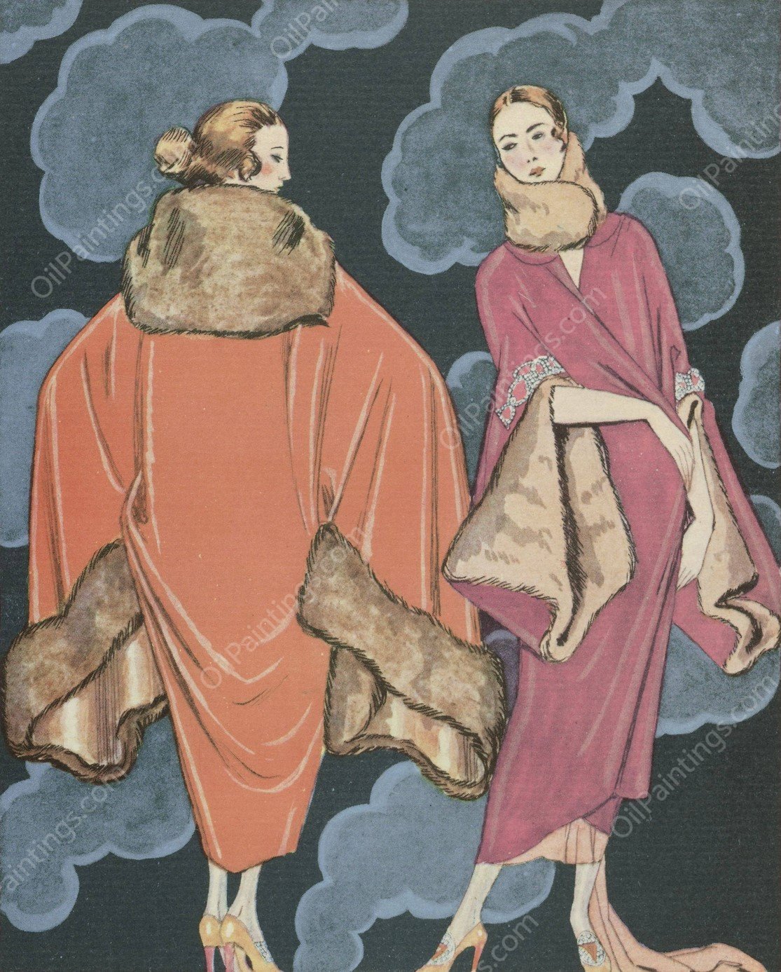 Deux heures du matin; Manteaux, de Worth  by George Barbier - Hand-Painted Oil Painting Reproduction