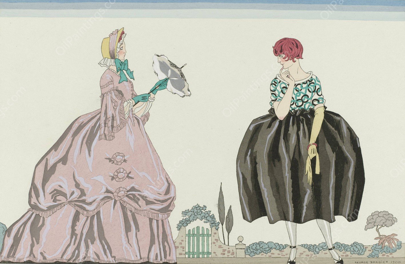 Grand-Mere and Petite-fille  by George Barbier - Hand-Painted Oil Painting Reproduction