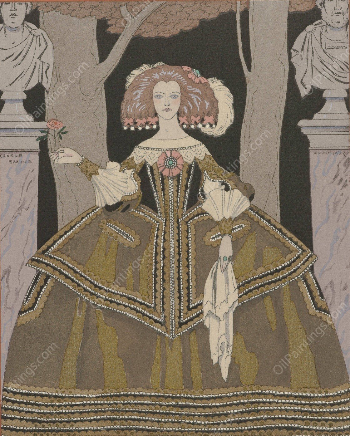 La rose de l'infante ; Costume, de Worth  by George Barbier - Hand-Painted Oil Painting Reproduction