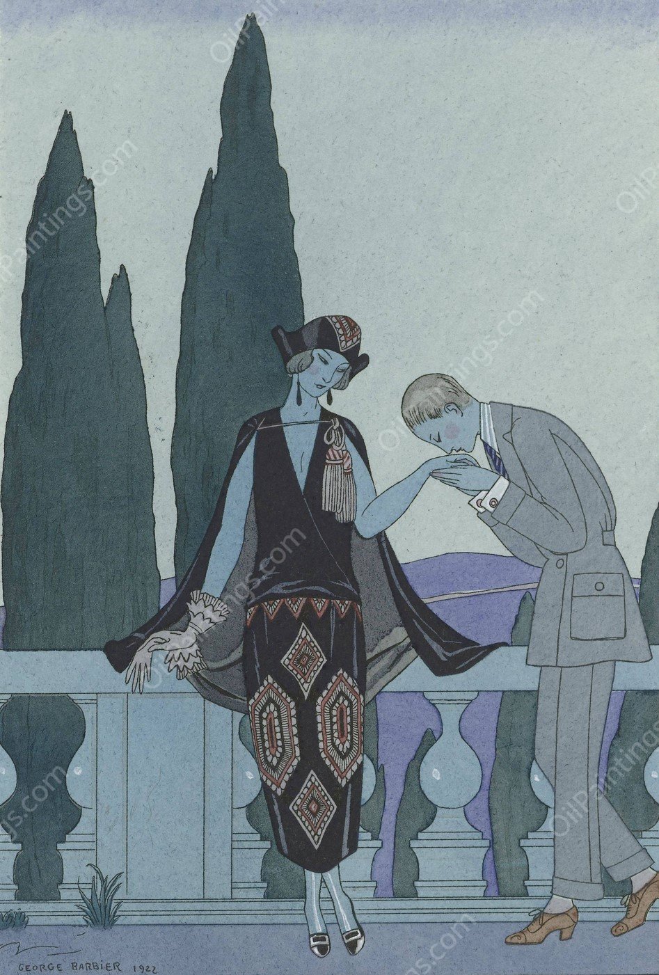 La Villa d'Este ; France XXe siecle  by George Barbier - Hand-Painted Oil Painting Reproduction