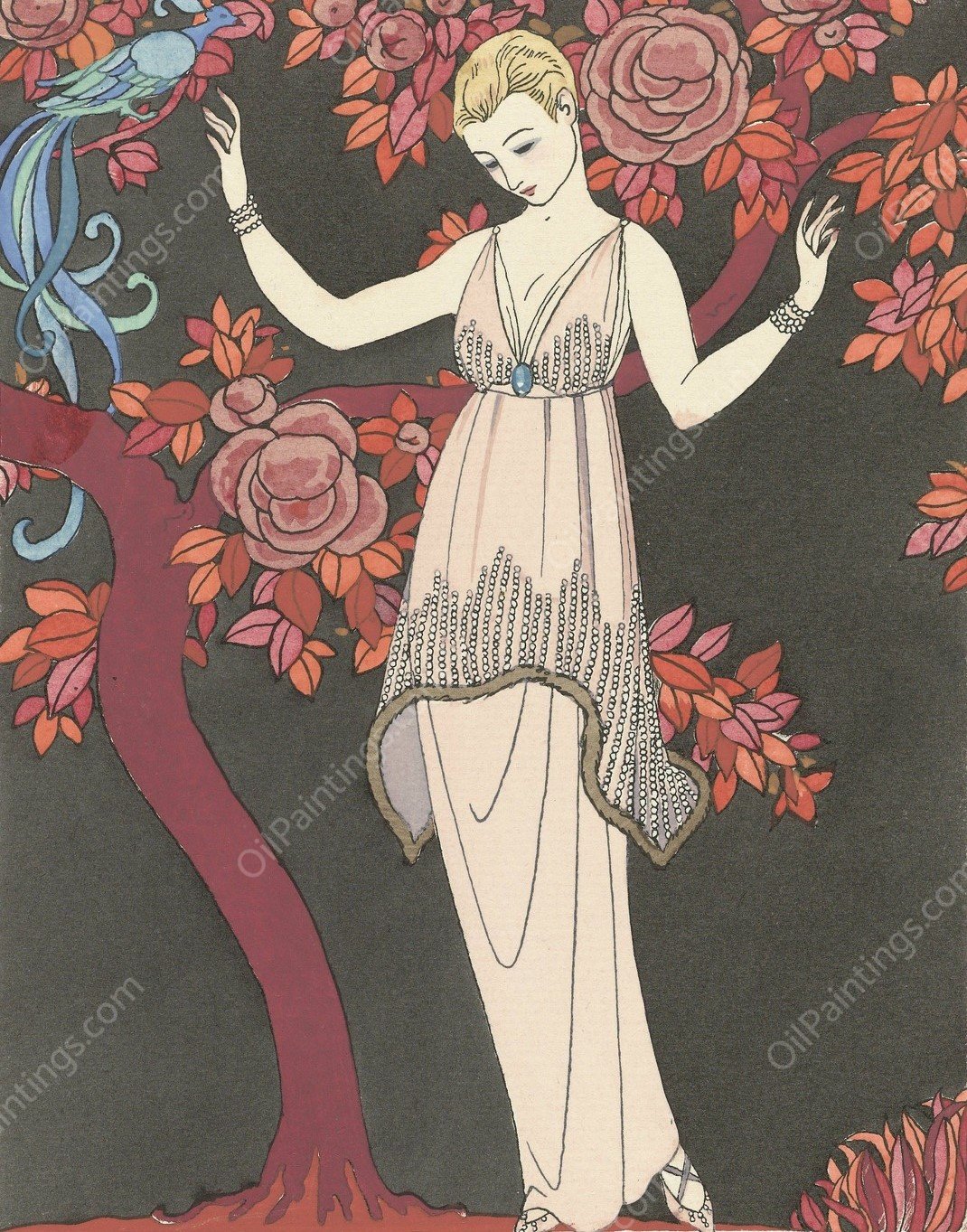 L'Arbre de science /Robe du soir de Doeuillet  by George Barbier - Hand-Painted Oil Painting Reproduction