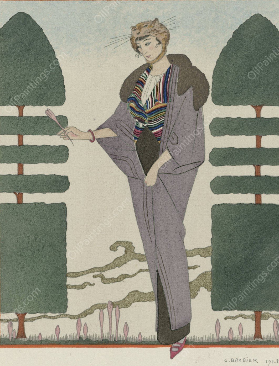 Les Colchiques ; Manteau de voyage de Paquin by George Barbier - Hand-Painted Oil Painting Reproduction