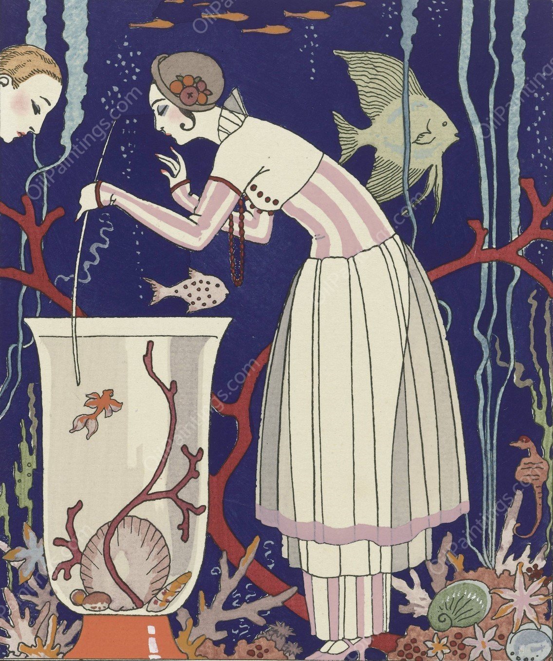 L'etourdissant petit poisson ; Robe d'ete  by George Barbier - Hand-Painted Oil Painting Reproduction