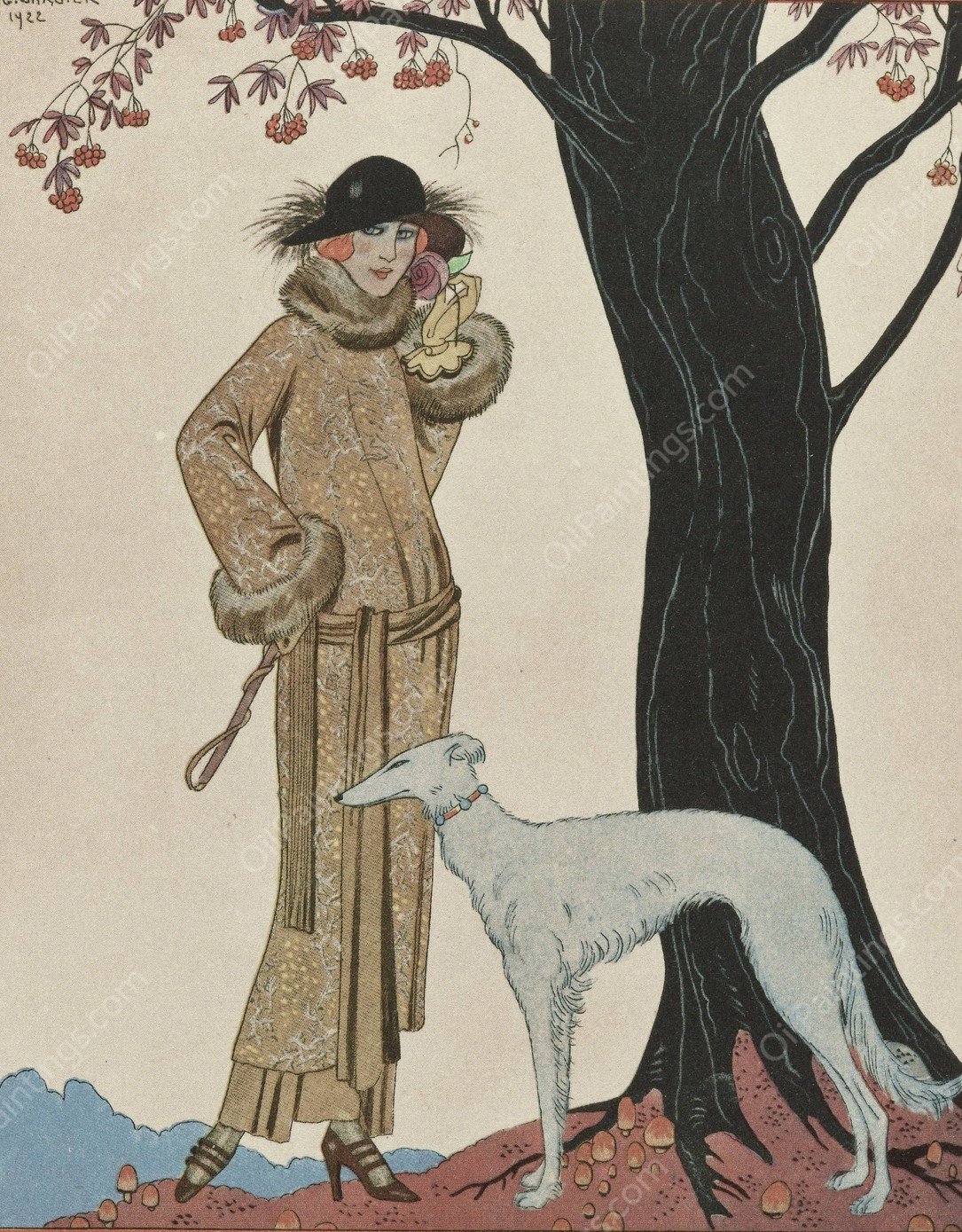 Symphonie automnale; Manteau, et Robe d'apres-midi, de Worth  by George Barbier - Hand-Painted Oil Painting Reproduction