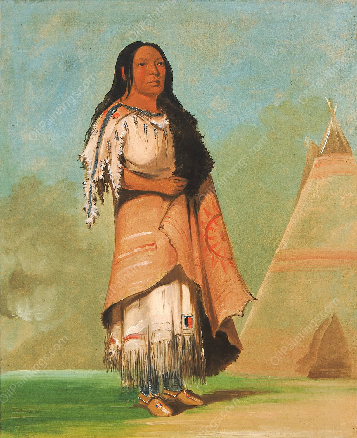 Ah'-Kay-Ee-Pix-En, Woman Who Strikes Many  by George Catlin - Hand-Painted Oil Painting Reproduction