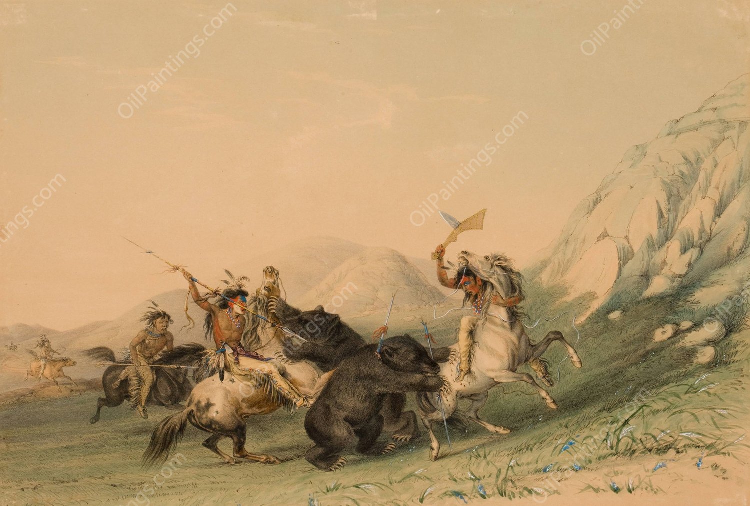 Attacking the Grizzly Bear  by George Catlin - Hand-Painted Oil Painting Reproduction