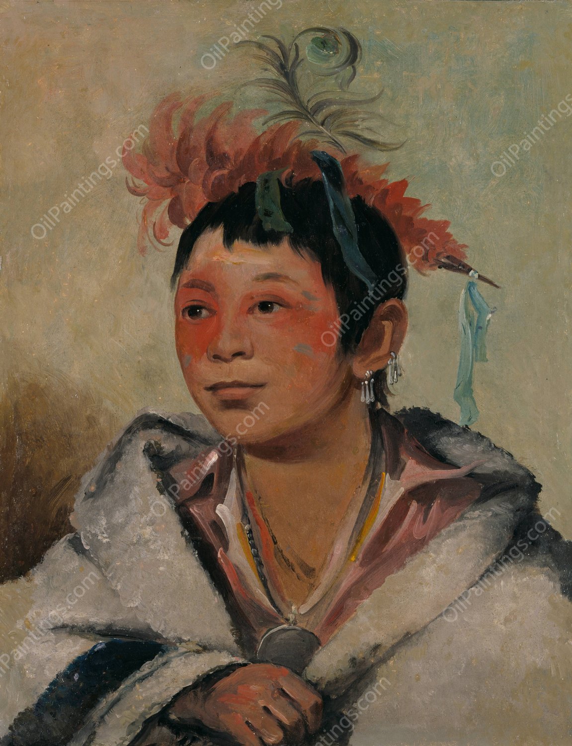 Au-Nah-Kwet-To-Hau-Pay-O, One Sitting In The Clouds, a Boy  by George Catlin - Hand-Painted Oil Painting Reproduction