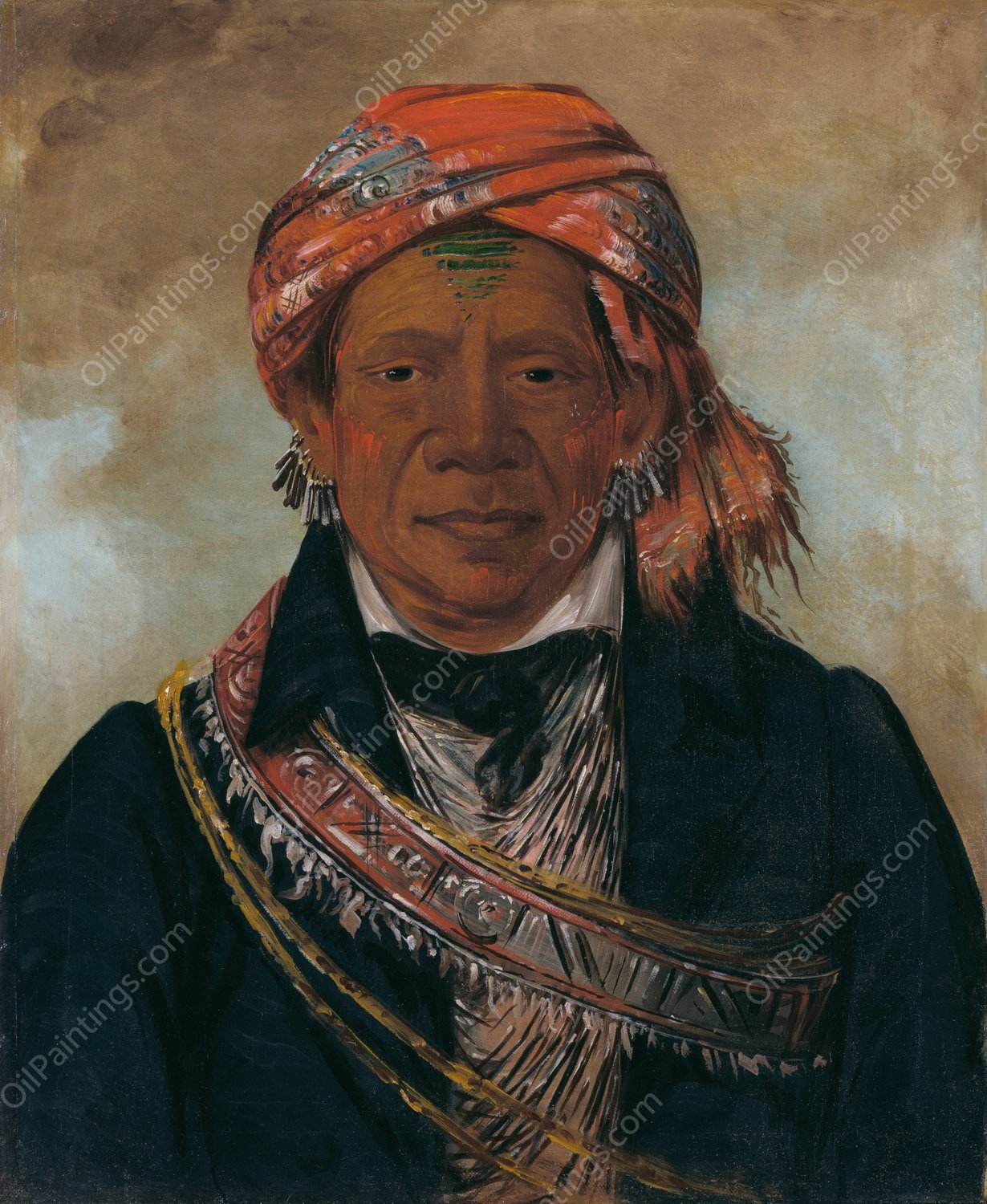 Bod-A-Sin, Chief of The Tribe  by George Catlin - Hand-Painted Oil Painting Reproduction
