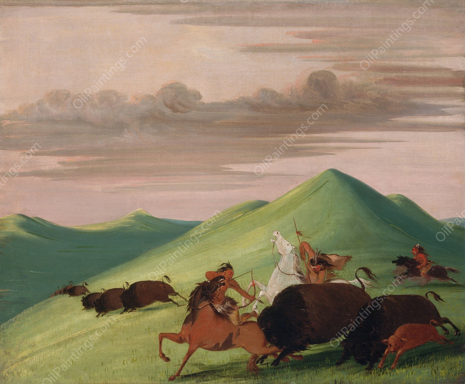 Buffalo Chase, Bull Protecting a Cow And Calf  by George Catlin - Hand-Painted Oil Painting Reproduction