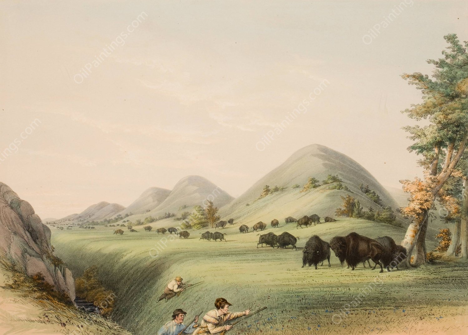 Buffalo Hunt, Approaching in a Ravine  by George Catlin - Hand-Painted Oil Painting Reproduction