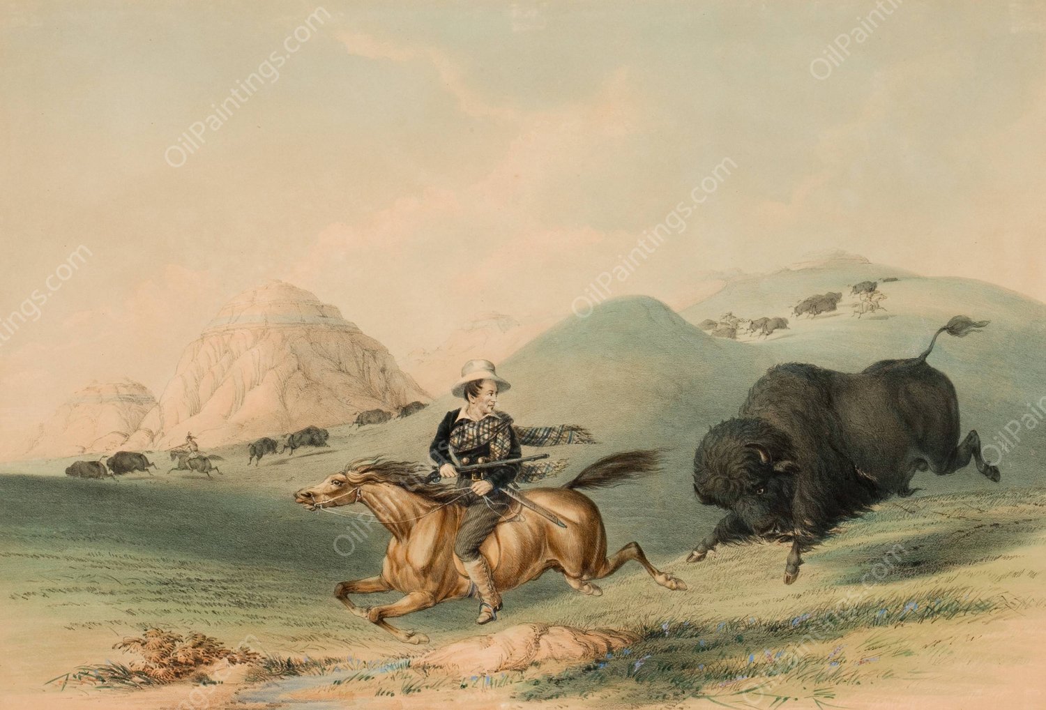 Buffalo Hunt, Chasing Back  by George Catlin - Hand-Painted Oil Painting Reproduction
