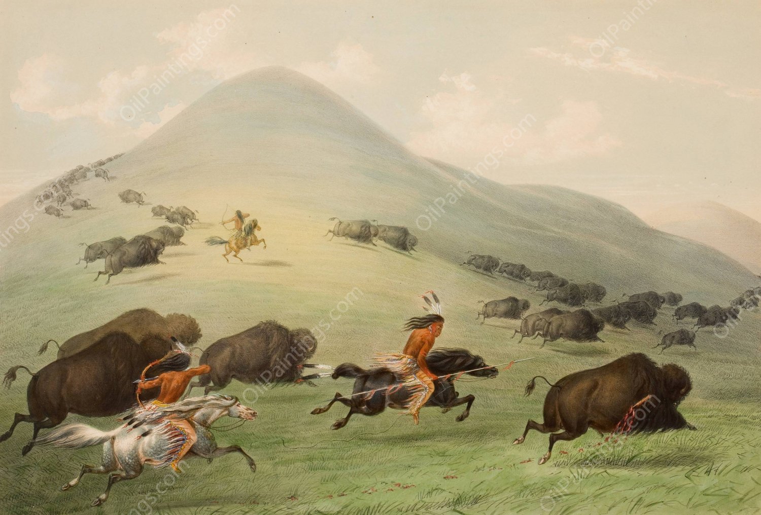 Buffalo Hunt, Horseback  by George Catlin - Hand-Painted Oil Painting Reproduction