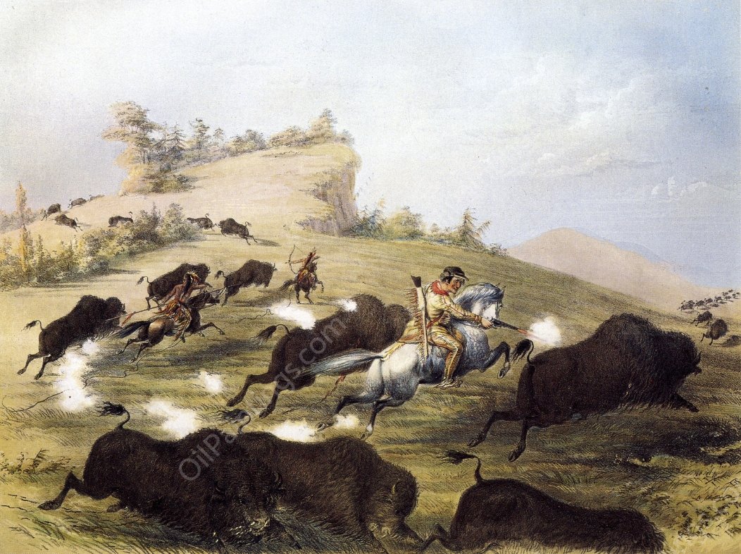 Catlin the Artist Shooting Buffaloes with Colt's Revolving Pistol by George Catlin - Hand-Painted Oil Painting Reproduction
