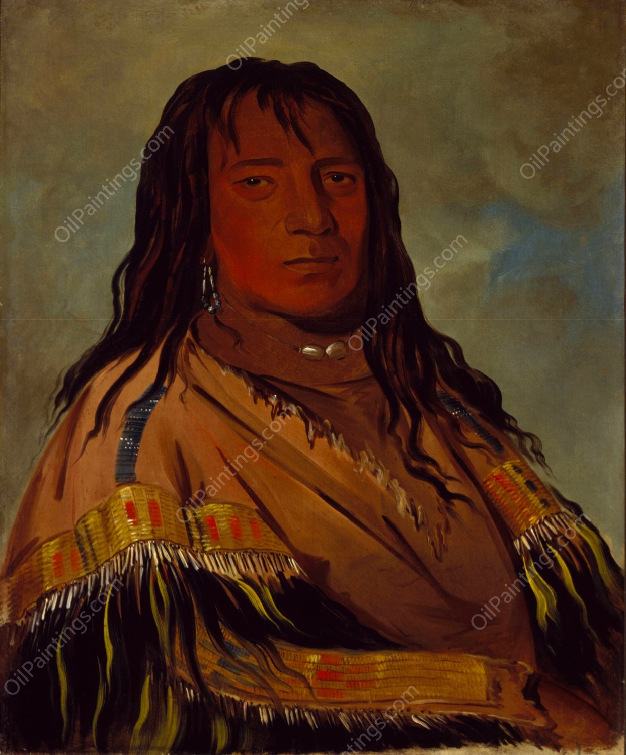 Cha-Tee-Wah-Nee-Che, No Heart, Chief of The Wah-Ne-Watch-To-Nee-Nah Band  by George Catlin - Hand-Painted Oil Painting Reproduction