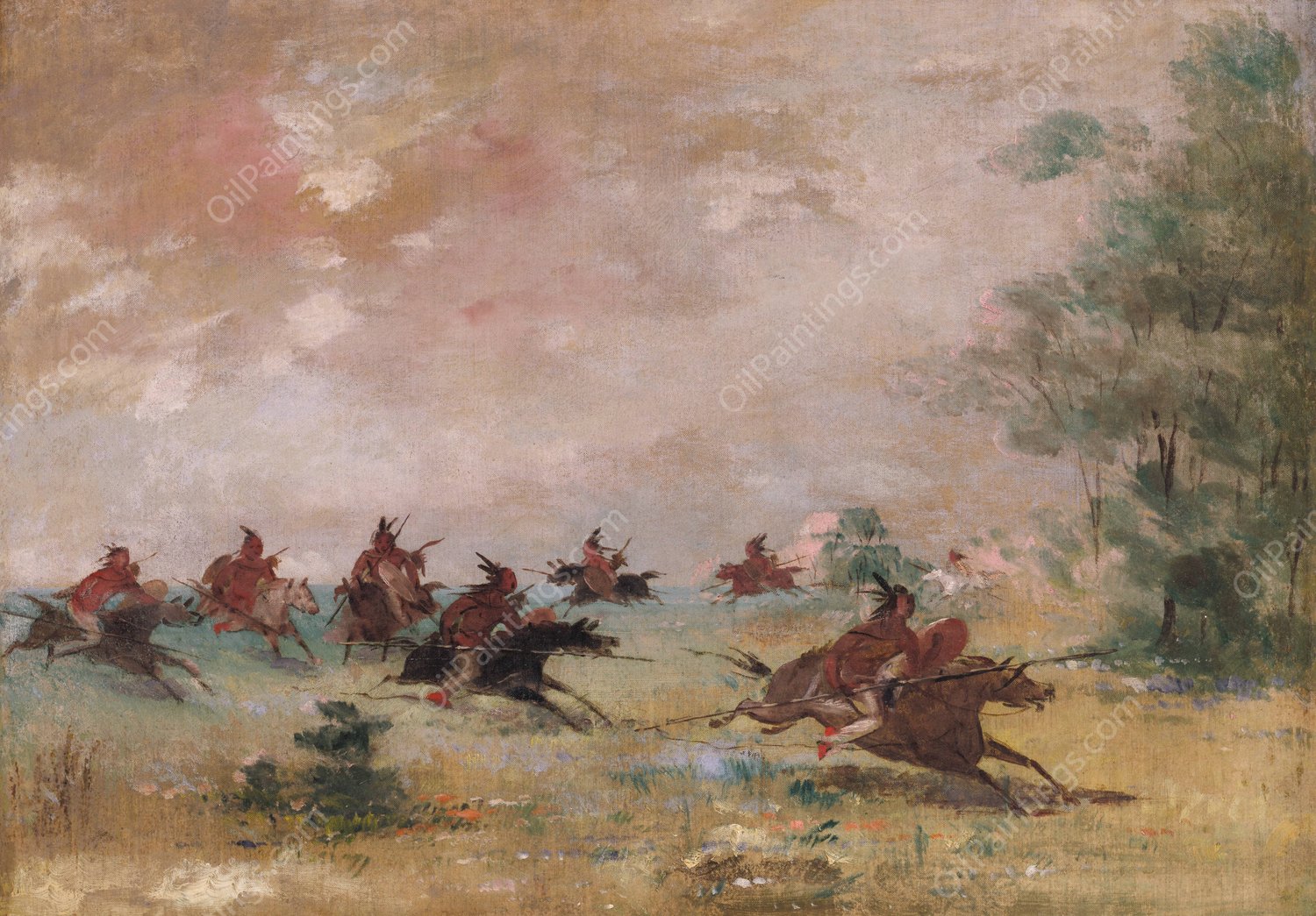 Comanche War Party, Mounted On Wild Horses  by George Catlin - Hand-Painted Oil Painting Reproduction