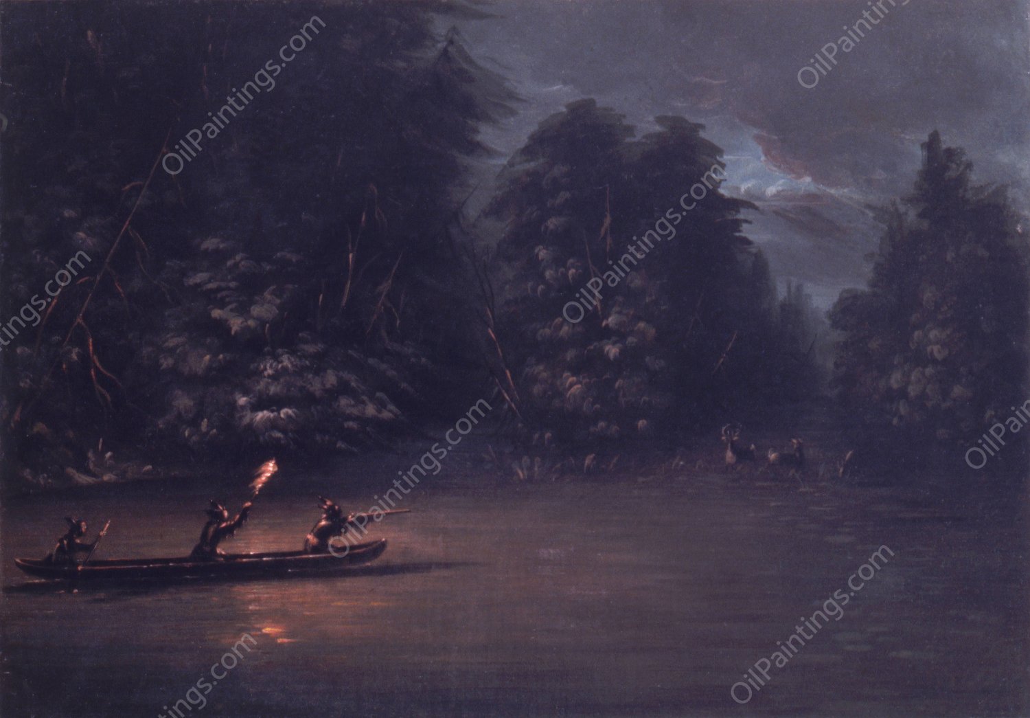 Deer Hunting By Torchlight In Bark Canoes  by George Catlin - Hand-Painted Oil Painting Reproduction