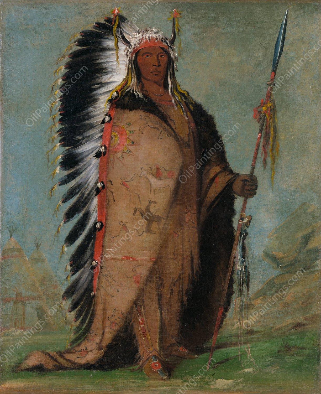 Ee-ah-Sa-Pa, Black Rock, a Two Kettle Chief  by George Catlin - Hand-Painted Oil Painting Reproduction