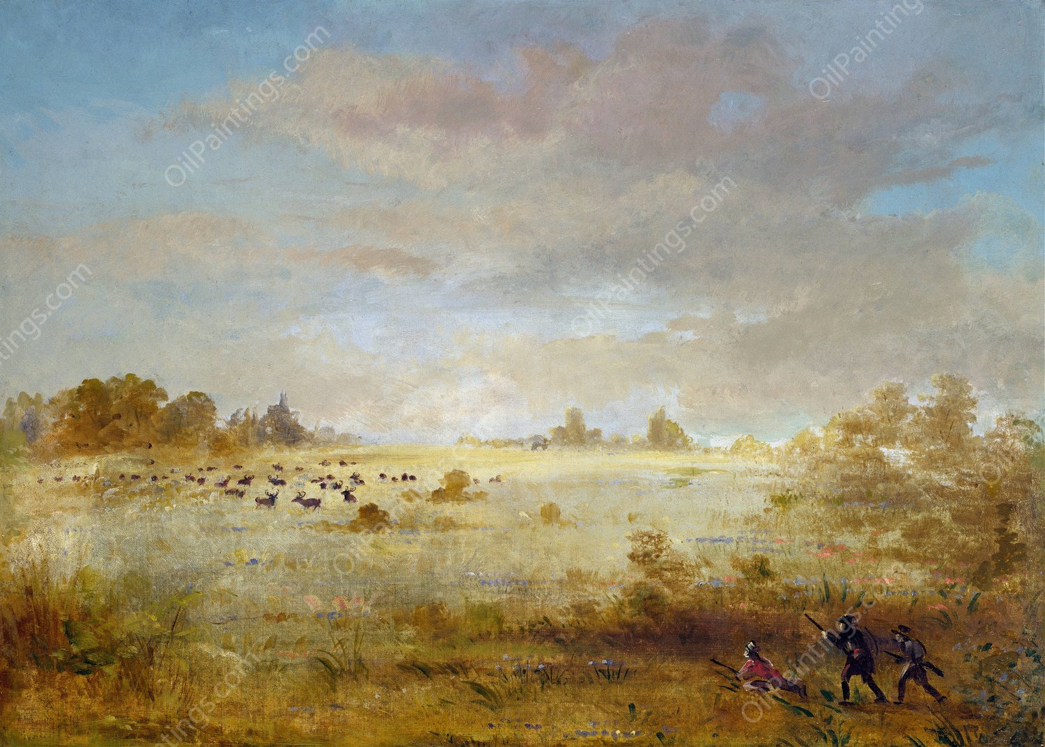 Elk Grazing on an Autumn Prairie  by George Catlin - Hand-Painted Oil Painting Reproduction