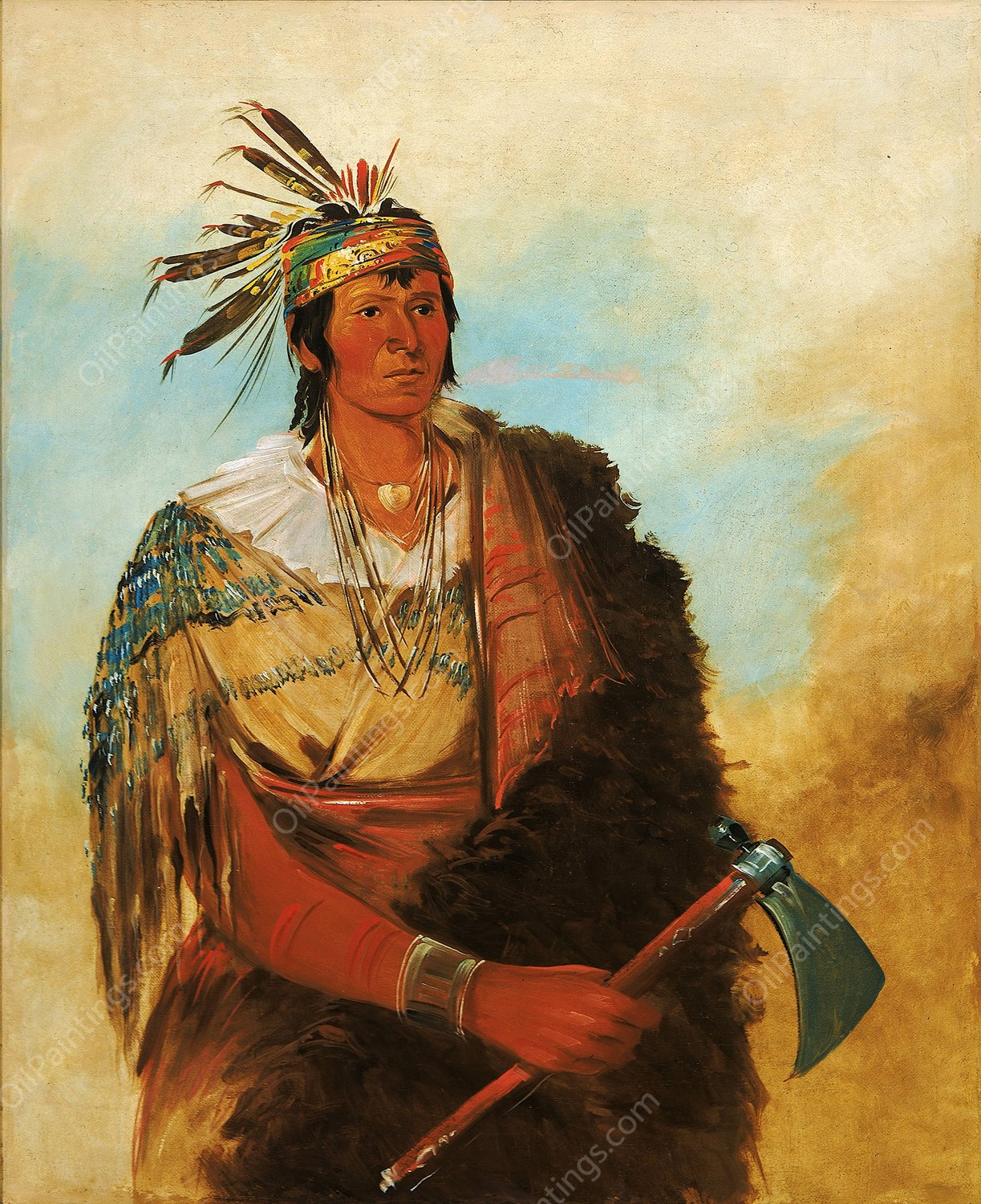 Go-To-Kow-Pah-Ah, Stands By Himself, a Distinguished Brave  by George Catlin - Hand-Painted Oil Painting Reproduction