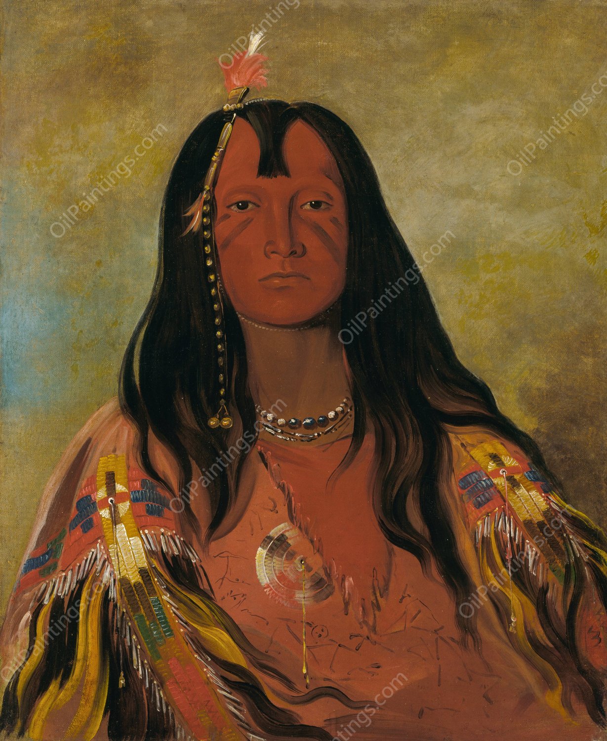 H'co-A-H'co-A-H'cotes-Min, No Horns On His Head, a Brave  by George Catlin - Hand-Painted Oil Painting Reproduction