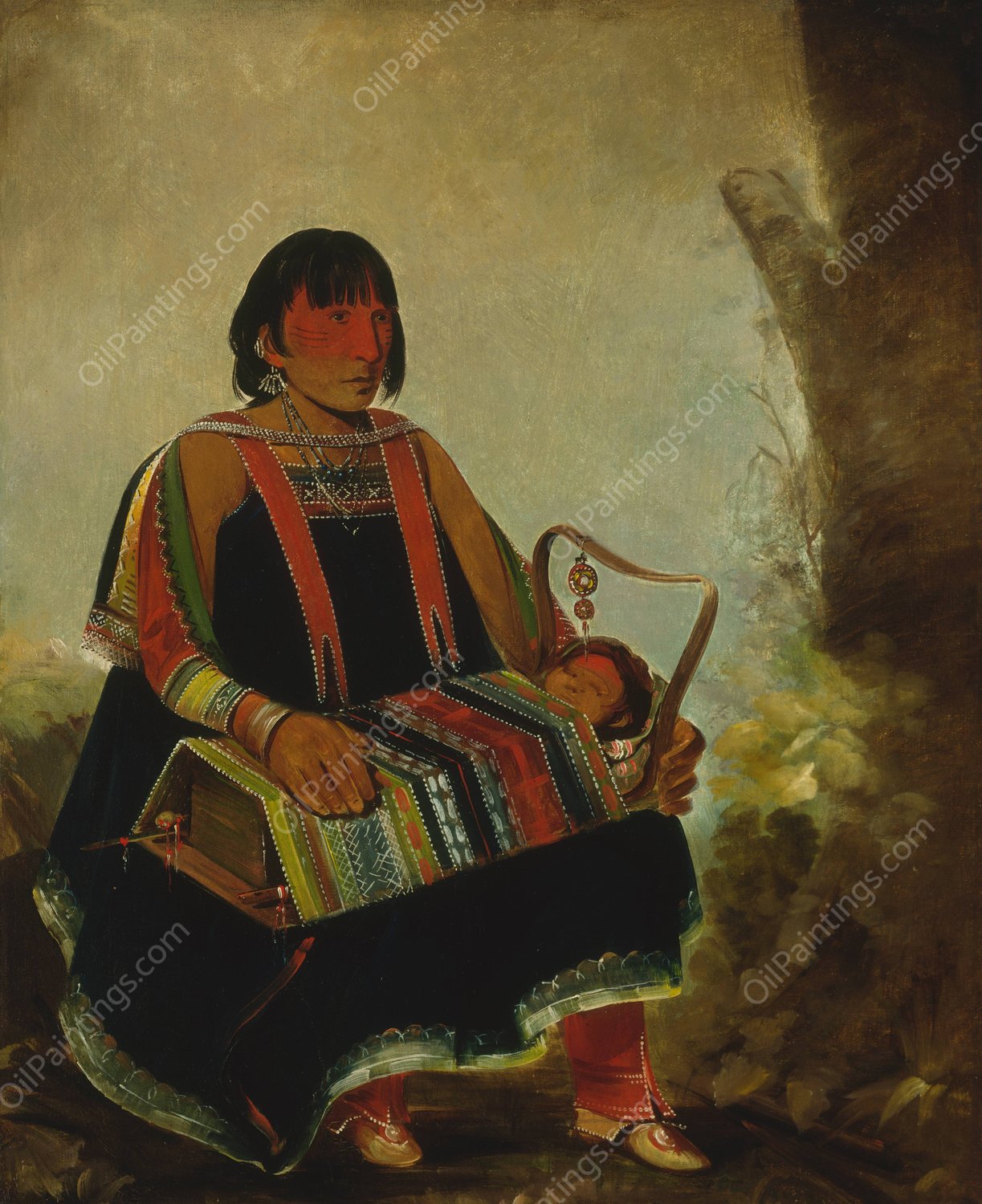 Ju-Ah-Kis-Gaw, Woman With Her Child In a Cradle  by George Catlin - Hand-Painted Oil Painting Reproduction