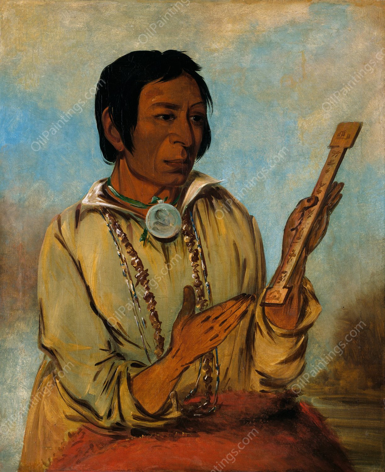 Ma-Shee-Na, Elk's Horns, a Subchief  by George Catlin - Hand-Painted Oil Painting Reproduction
